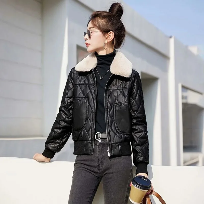 

Women Autumn Winter PU Leather Jacket New Ladies Add Velvet Warm Leather Coat Detachable Fur Collar Short Top Lady Cotton Padded