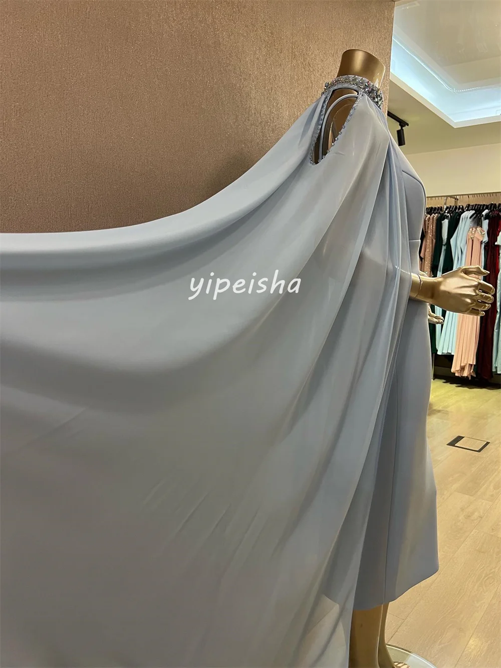 Элегантный трикотаж высокого качества по индивидуальному заказу со стразами, плиссированные колонны с высоким воротником, платья чайной длины, классические платья на заказ