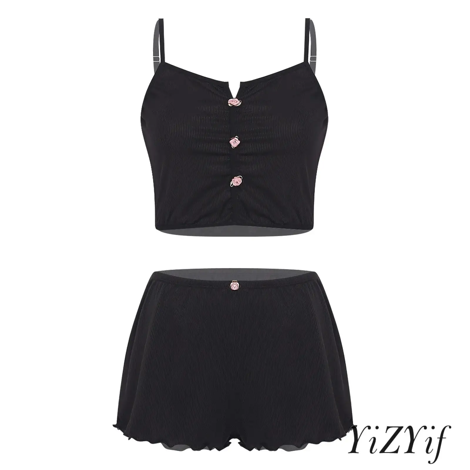 

Womens Delicate Ribbed Camisole Set with Flower Applique And Spaghetti Straps Cropped Top And Shorts for Casual Homewear