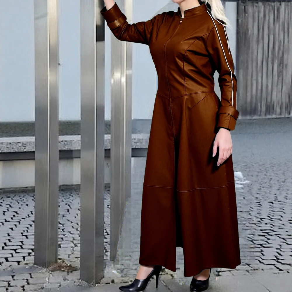 سترة نسائية طويلة برقبة عالية للخريف والشتاء، ملابس خارجية جلدية بأكمام طويلة وسحّاب