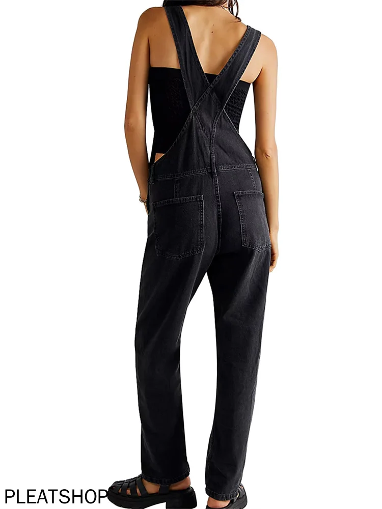 Jumpsuit panjang Denim wanita Fashion celana baju monyet kaki lebar tali Spaghetti kasual Overall Bib longgar musim panas