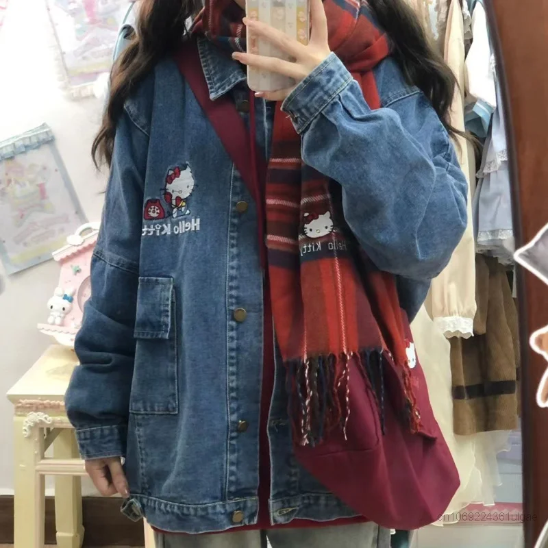 Sanurgente Hello Kitty-Veste en Jean Brodée à Manches sulfpour Femme, Manteau Cardigan Y2k, Mode Japonaise et Coréenne