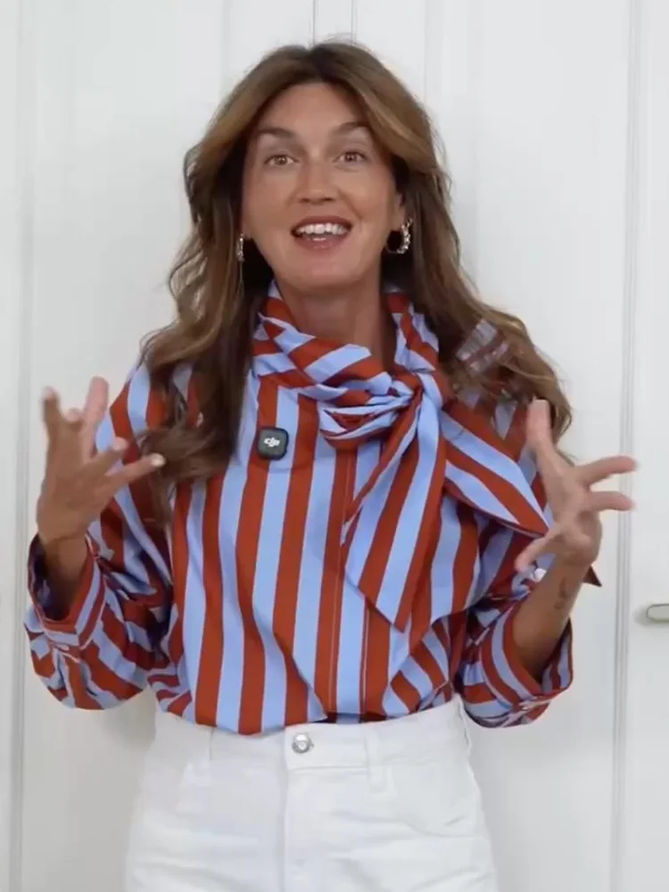 

HH Women Spring Elegant Shirt Striped Bow Decoration Long Sleeve Single Breasted Female Casual Loose Versatile Poplin Blouse