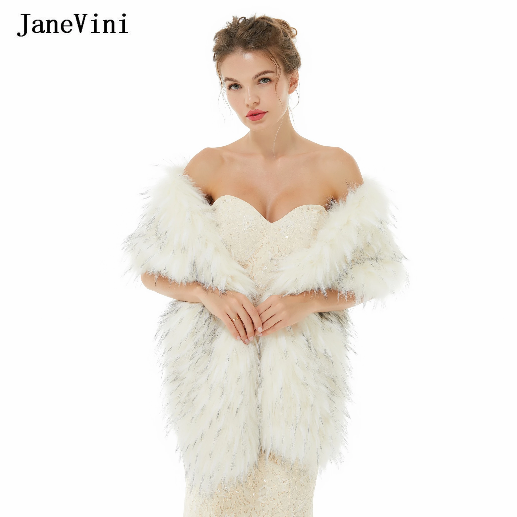 JaneVini – cape en fausse fourrure pour femme, châle de mariée, veste d'hiver, à la mode, avec pointe noire