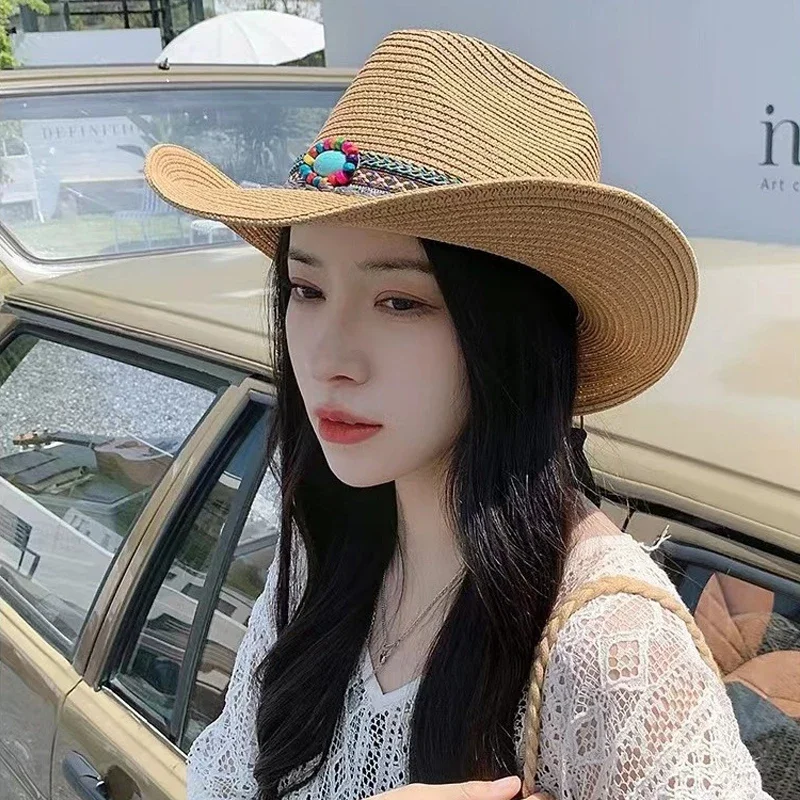 قبعة رعاة البقر الغربية من القش بحافة واسعة للحماية من الأشعة فوق البنفسجية للصيف والشاطئ بوهيميا قبعة جاز للجنسين قابلة للتنفس في الهواء الطلق للعطلات قبعة الشمس