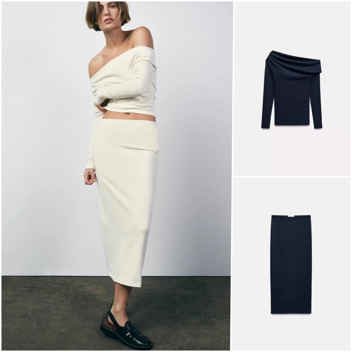 

Soft oulder Bared Asymmetric Women's Faion Set Spring 2025 Long Sve round Ne Two-Piece Ensemble Versatile Midi Skirt