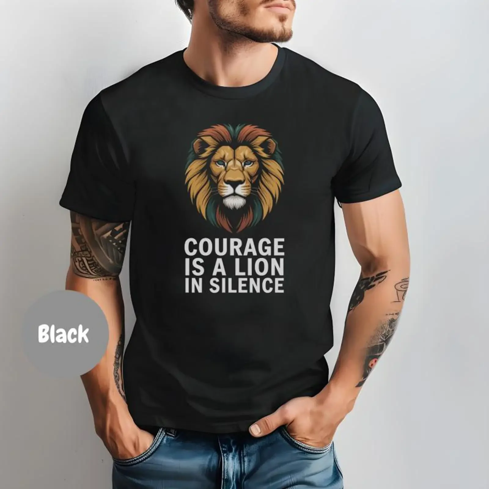 T-shirt décontracté unisexe « Courage Lion » – Motif animal inspirant, force et résistance – Style vintage délavé, polyvalent, respirant et extensible