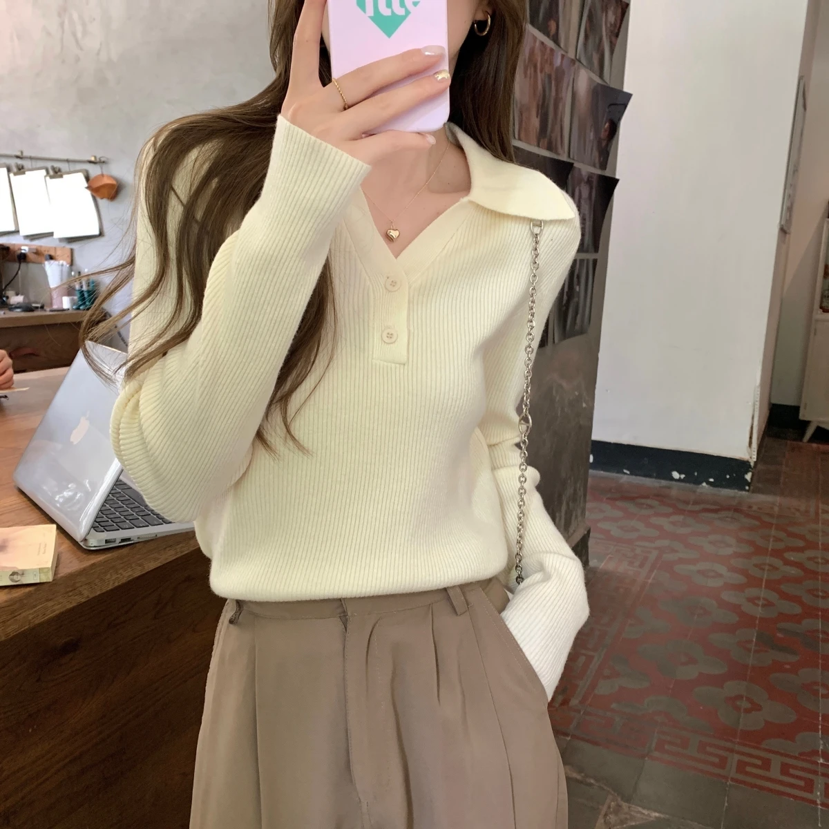 

Spring, Autumn, and Winter Korean Polo Neck Button Style Solid Color Knitted Bottom Long Sleeve Underlay Sweater for Women