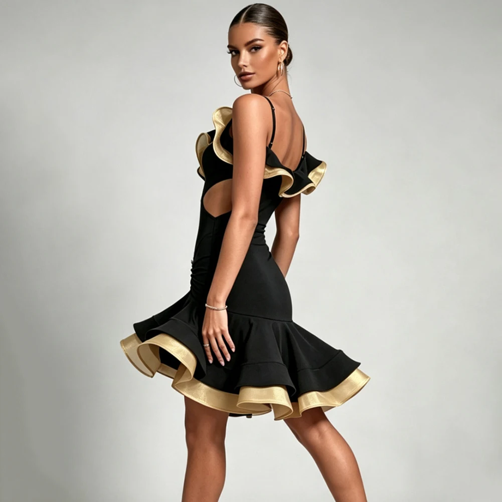 Rumba Latin Dance Competition Black Sexy Dance Suit Sleeveless Fish Bone Ruffled Samba New Sling Performance Dress
