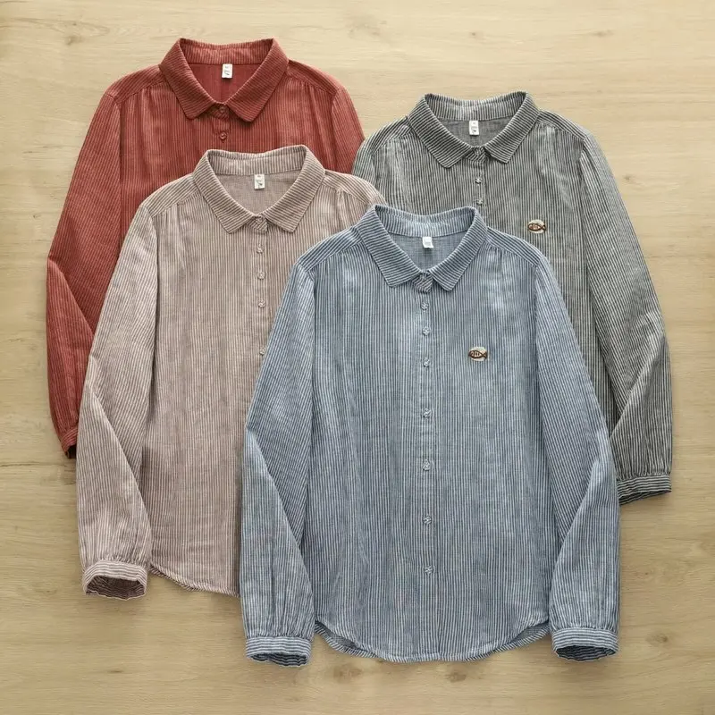 

Высококачественная женская блузка из 100% хлопка, рубашка с мультяшной вышивкой, маленькая рыбья полоска, свободный женский кардиган, рубашки с длинными рукавами, топы