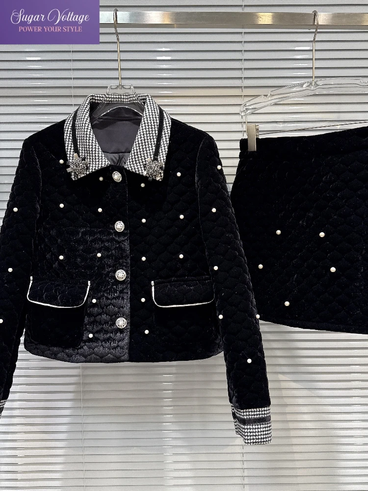 

French Luxury Velvet New Tow Piece Set Women Slim Pearl Button Blazer + Quilted Skirt Chic Retro Elegant Winter Fashion Outfit