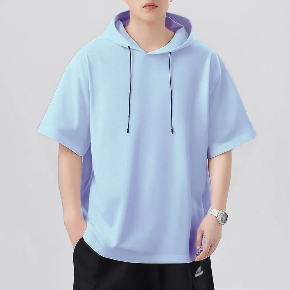 Mens Summer Hooded T Shirt Short Sleeve Breathable Loose Tee Casual Fitness Top Thin Cool Comfort Streetwear Soft Clothes