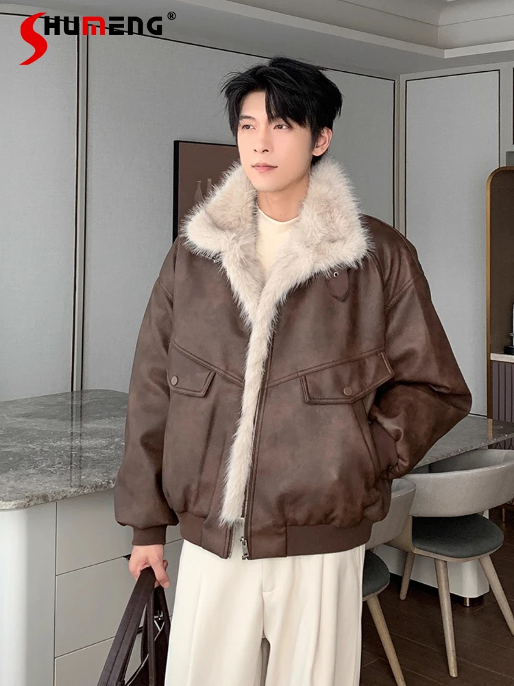 

2025 Autumn Winter Fur Integrated Jackets Men Fleece-Lined Thickened Chic Faux Leather Jackets Trend High-End Faux Leather Coats