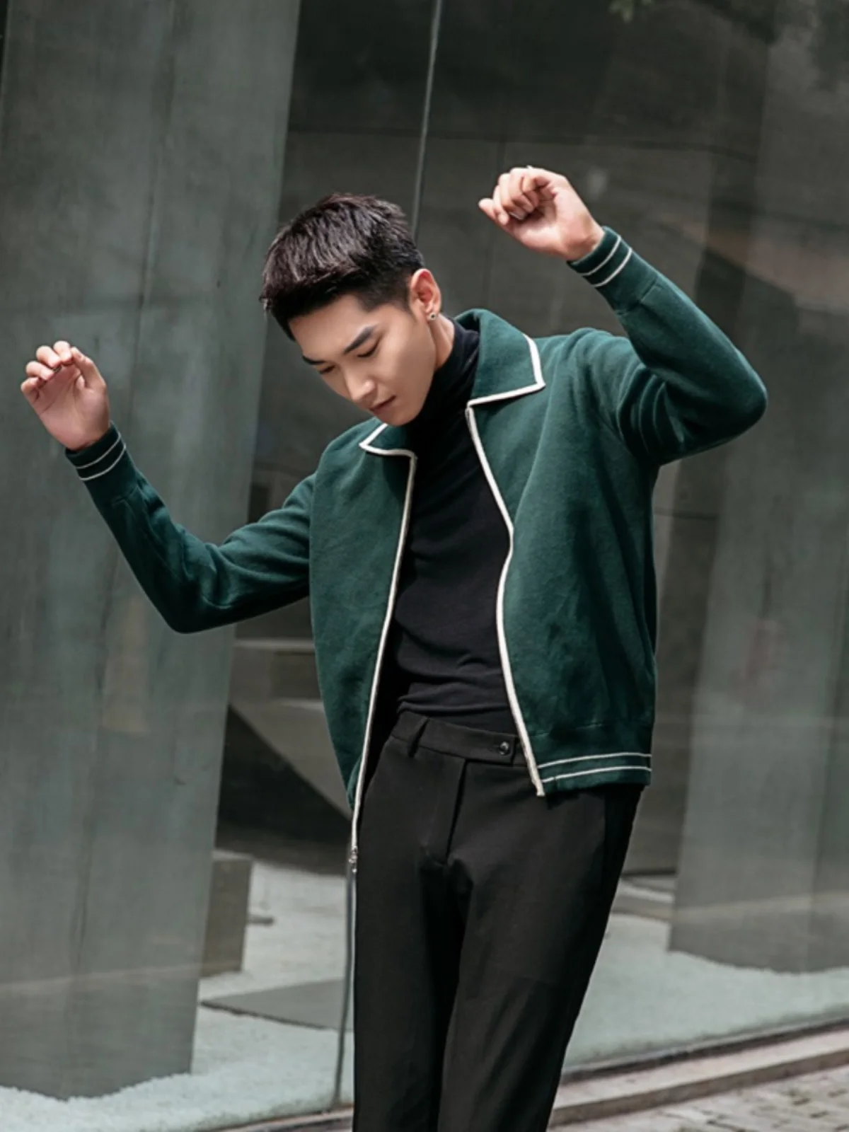 

Faionable Urban Men's Knitted Sweater Coat Double Zipper Slim Fit Collared Open Cardigan Warm Winter Long Sve Youthwear