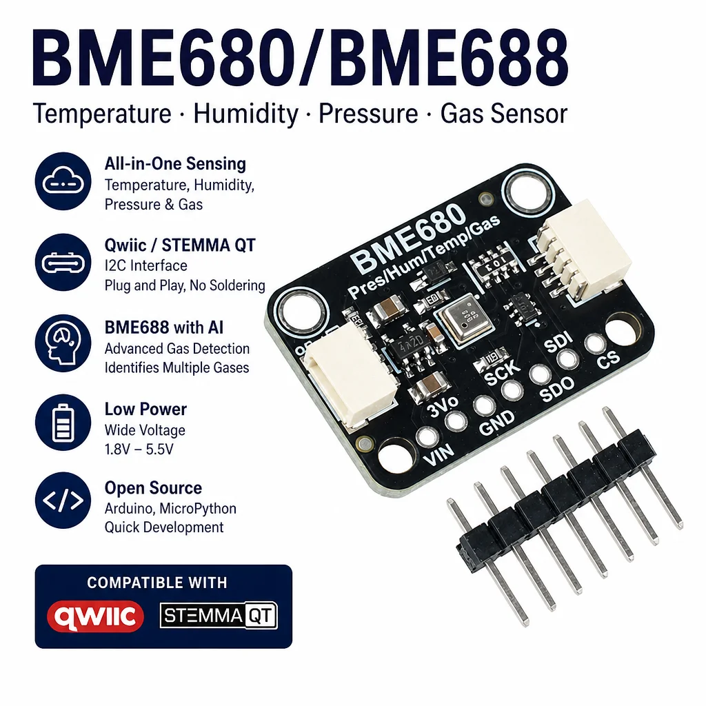 BME680 BME688 Environmental Sensor Module Temperature/Humidity/Pressure Sensor with AI Gas Recognition Qwiic I2C Interface