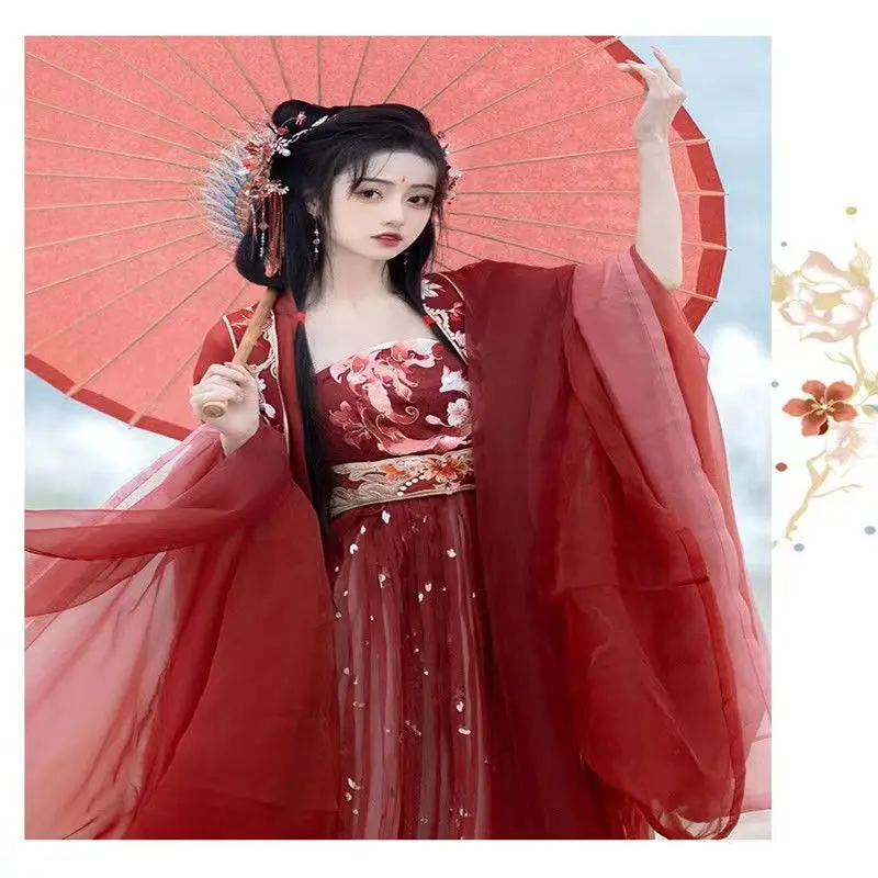 Retro Hanfu Tang Dynasty Embroidered Large Sleeve Shirt Hezi Skirt Spring And Autumn Red Set