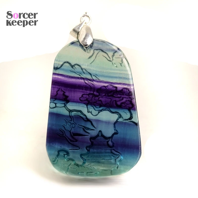 Silver Plated Vintage Natural Rainbow Fluorite Gemstone Carving Scenery Crystal Pendant Fashion Women Men Jewelry Making BO578