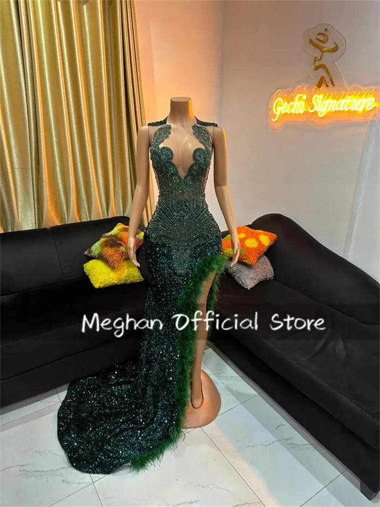 Emerald Green O N Sequin Long Prom Dress Black Girl Bead Crystal Birthday Luxury Dress Feather Evening Gown Split Customized