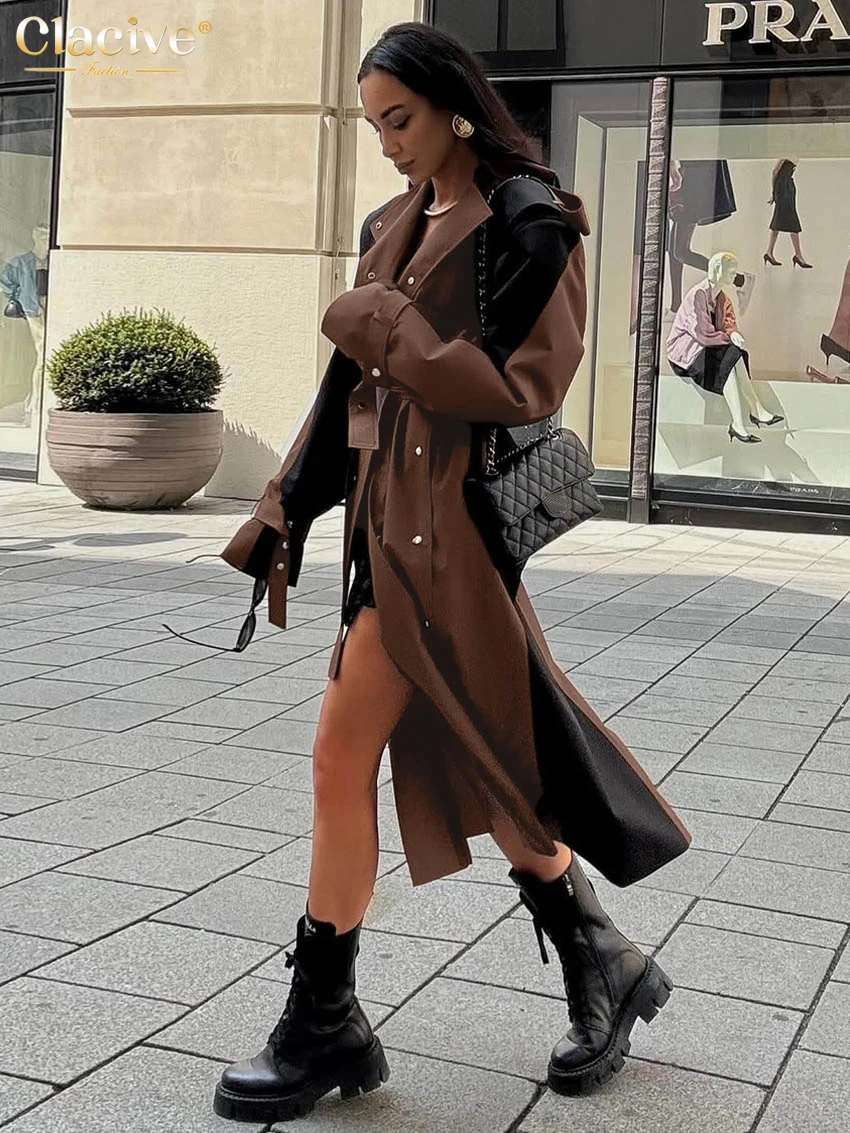 Clacive Fashion Loose Brown Cotton Women Coats 2025 Winter Lapel Long Sleeve Coat Elegant Lace-Up Patchwork Top Female Clothing