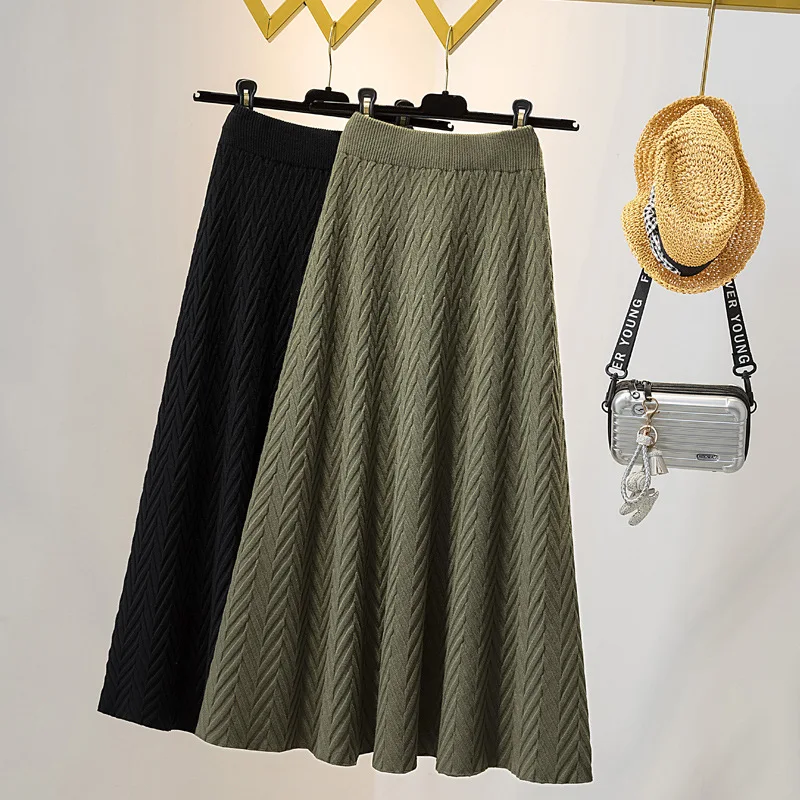 

Knitted Women's Large Size Mid-Length 2024 New High Waist Line Thick Fat Girl Slimming Umbrella Skirt