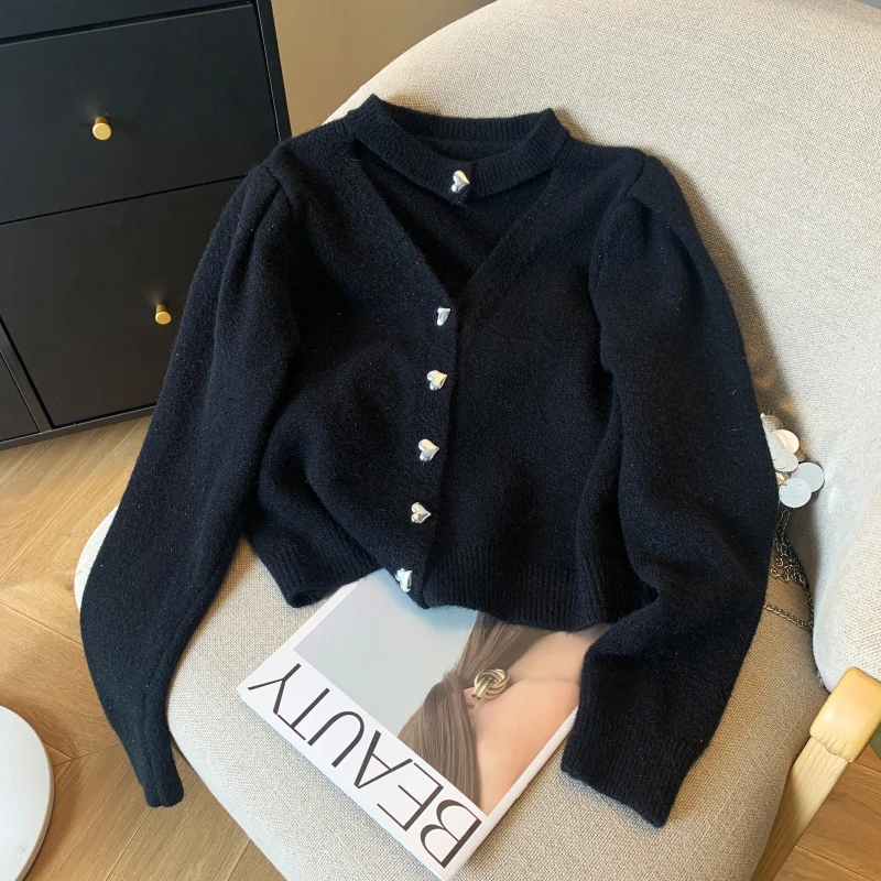 Korean Halter Knitted Cardigan for Women 2024 Autumn O-neck Single Breasted Tops Female Y2k Long Sleeve Sweet Sweater Coat