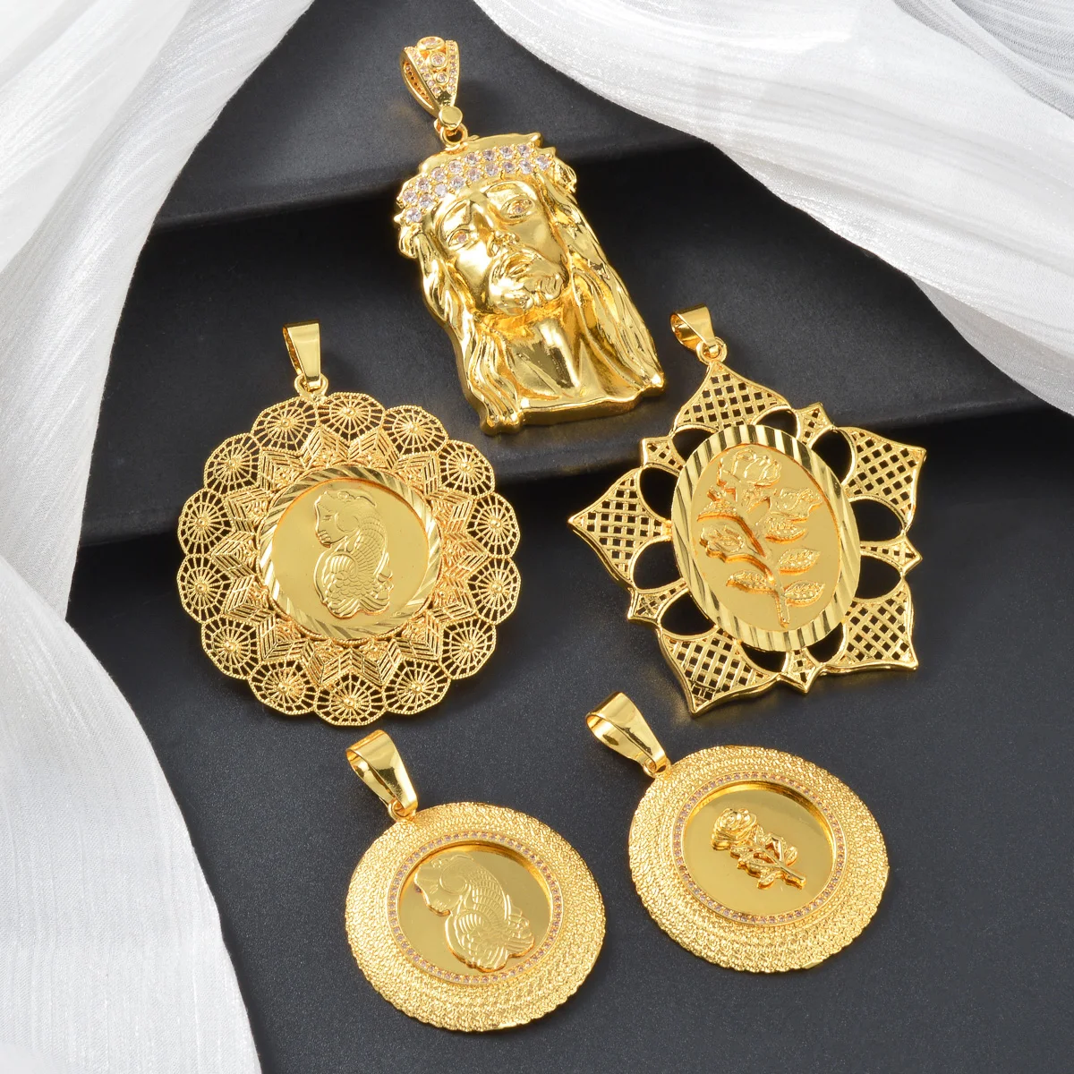 18K Gold Plated Religious Pendant Chain Jesus Rose Fish Hollow Filigree Charm Necklace for Men Women African Vintage Jewelry