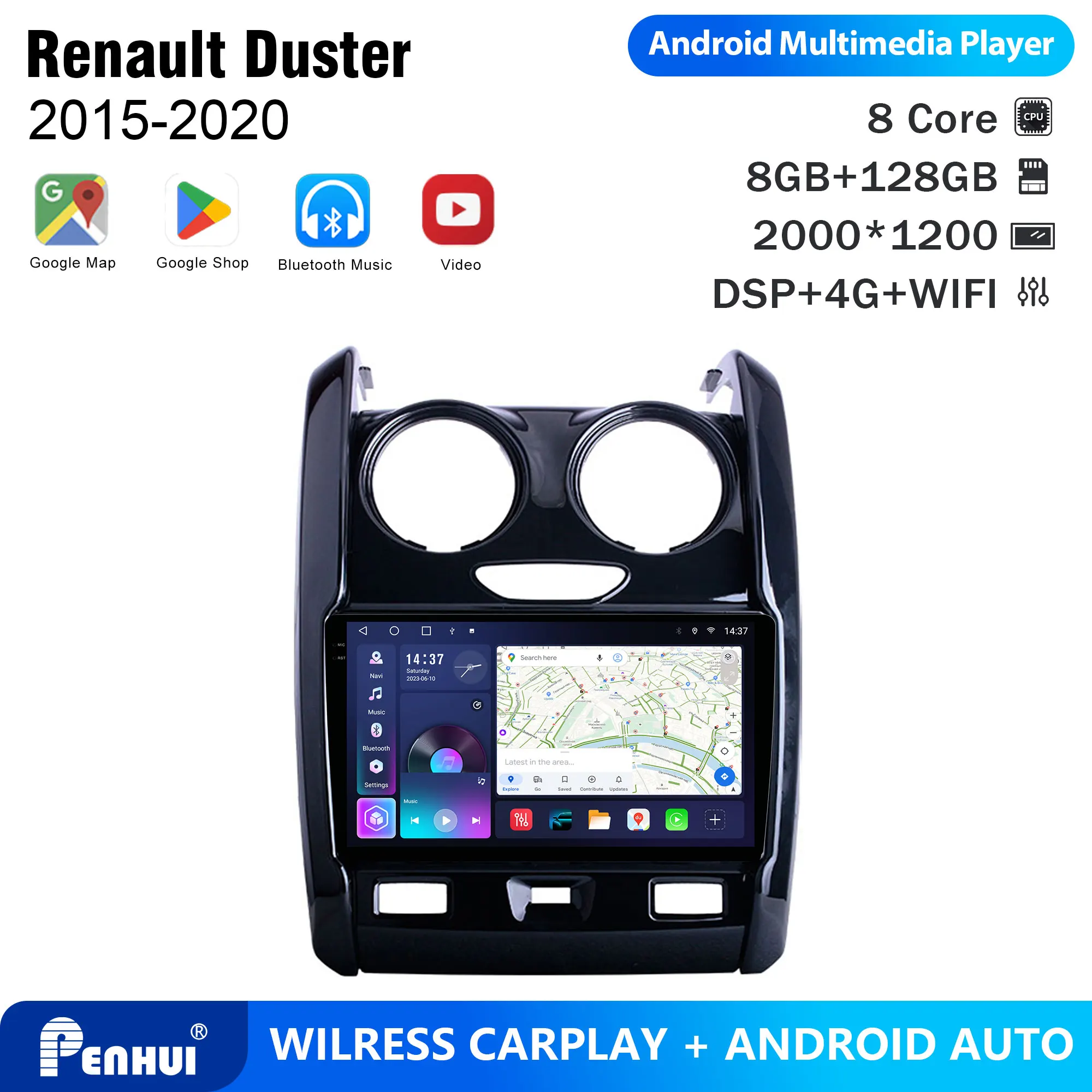 Reprodutor de DVD para Carro Android Penhui 2 Din para Renault Duster 2015-2020, Tela Multimídia com DSP, Bluetooth, Áudio e CarPlay