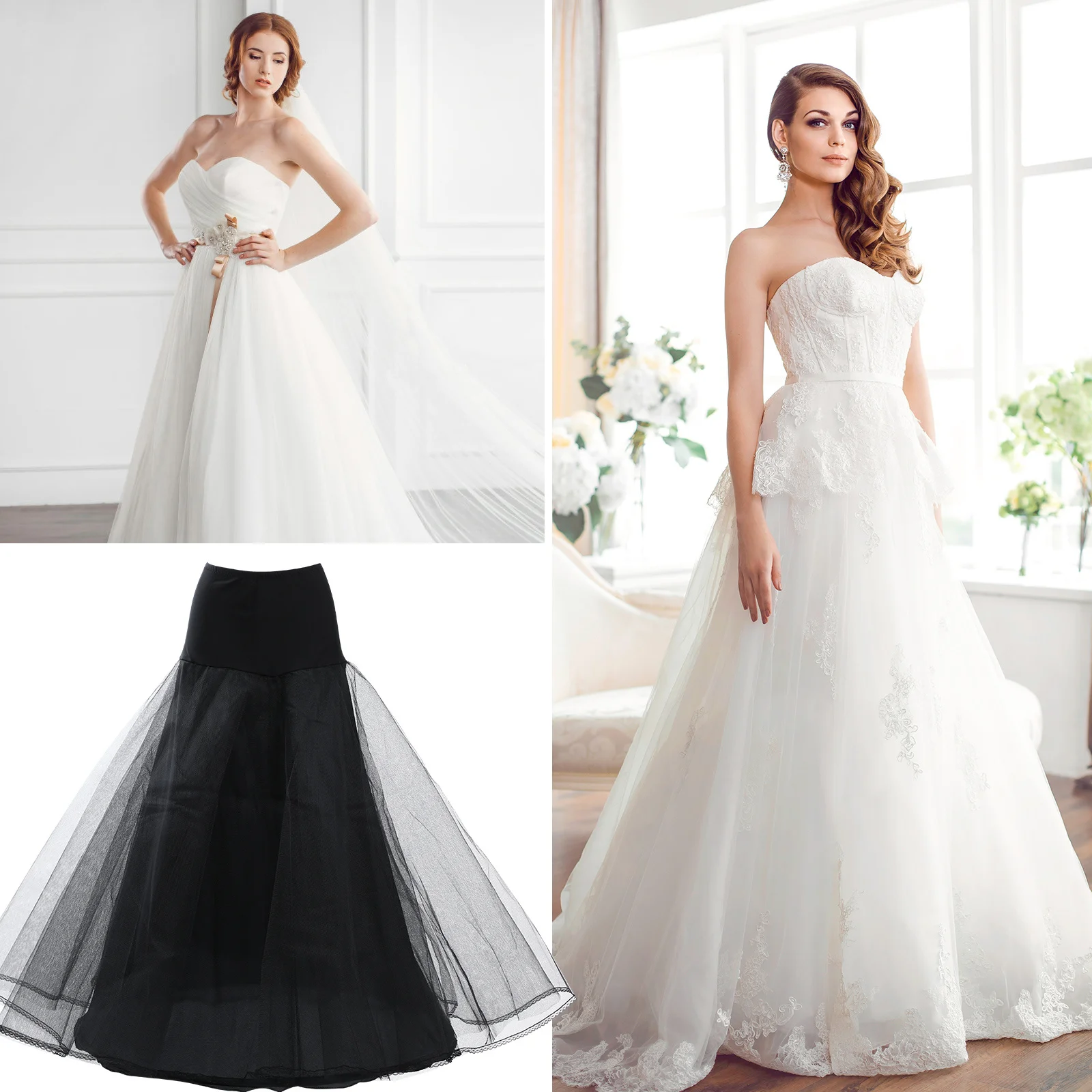 

Bride Petticoat Underskirts Wedding Layers Black Skirt Elastic Waistband Straps Full Shape Bridal Dress Skirt Support
