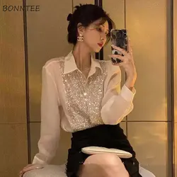 Shirts Women Chic Design Sequins New Spring Office Lady Daily Thin Camisa Sunscreen 2023 Korean Fashion Clothing Lapel All-match