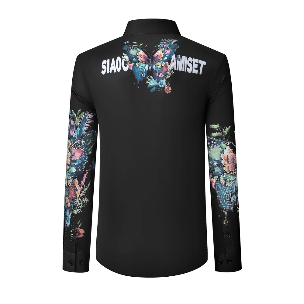 Luxo borboleta diamante camisa masculina high end negócios camisa social manga longa magro banquete festa boate desempenho trajes
