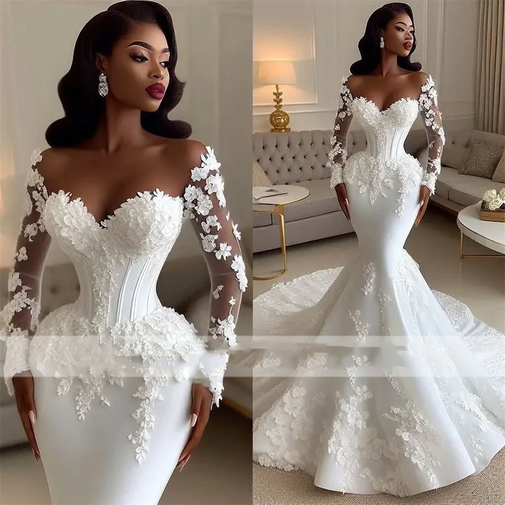 Flavinke Customized Exquisite sixy Mermaid Wedding Dresses For Brides Lace Applique Long Sleeves African Bridal Engagement Gowns