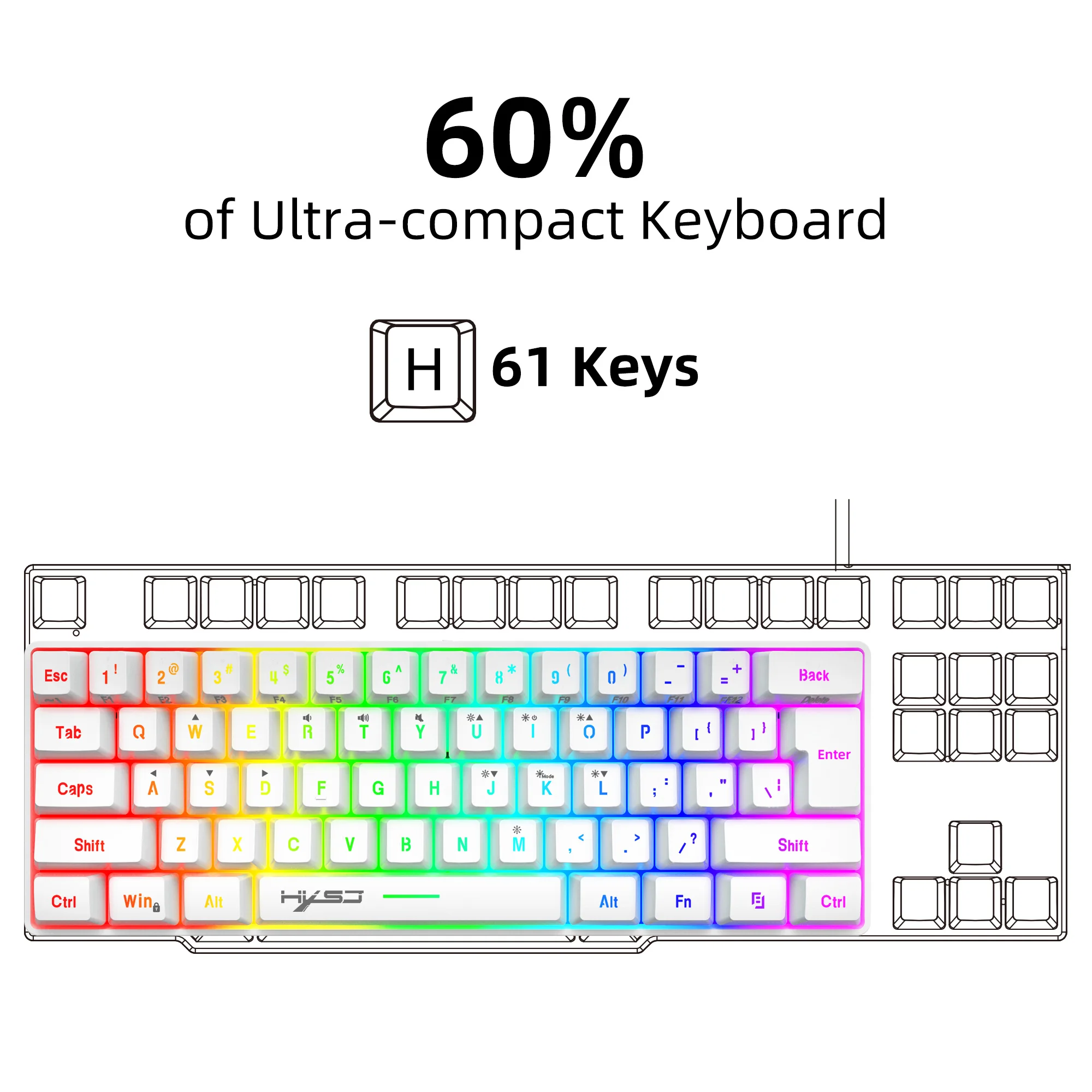 HXSJ 60% Wired Gaming Keyboard, RGB Backlit Ultra-Compact Mini Keyboard, Waterproof Small Compact 61 Keys Keyboard for PC/Mac