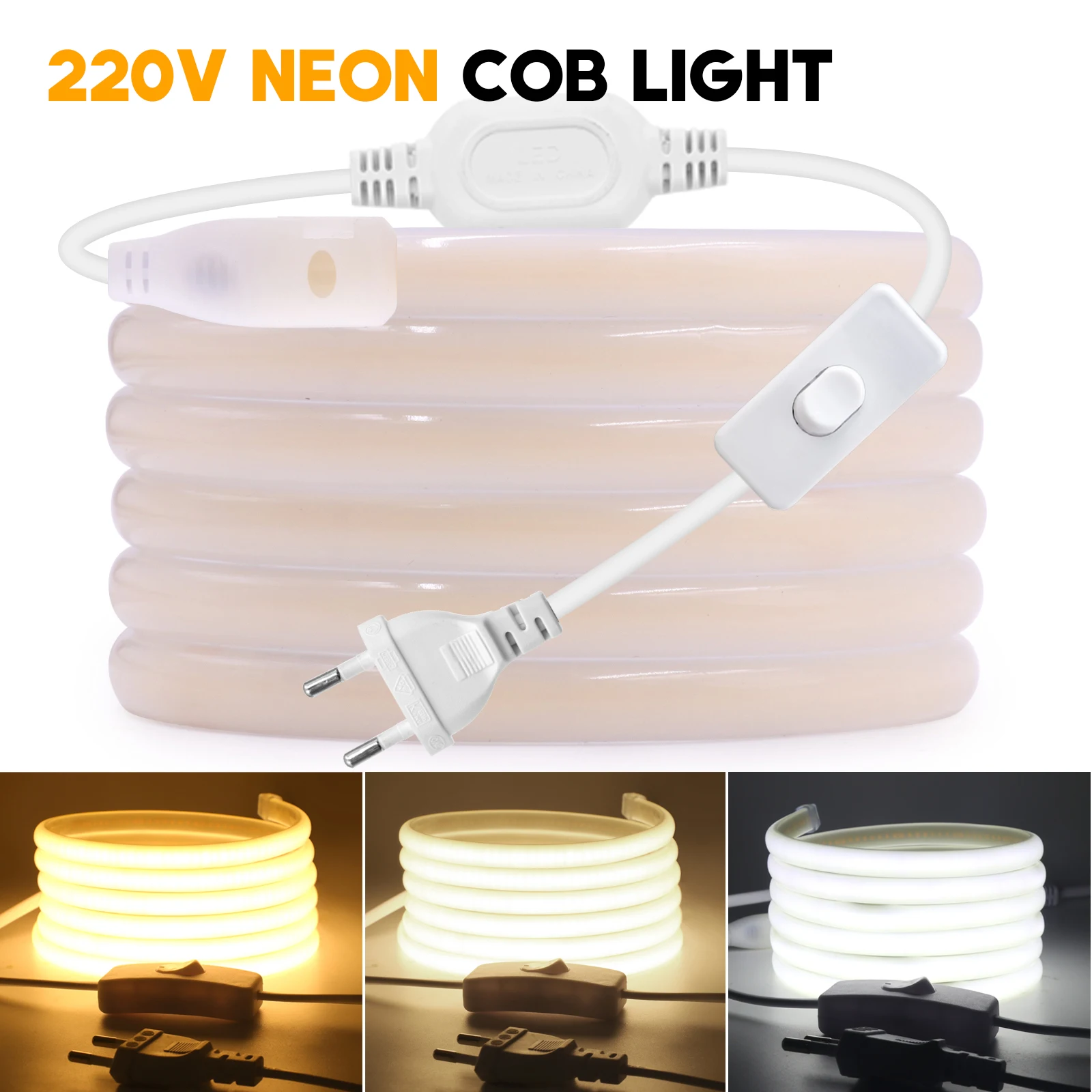 COB LED Strip Light 220V EU/UK Plug with Switch 288Leds/m Waterproof Outdoor Garden Neon Light Tape For Room Kitchen Lighting