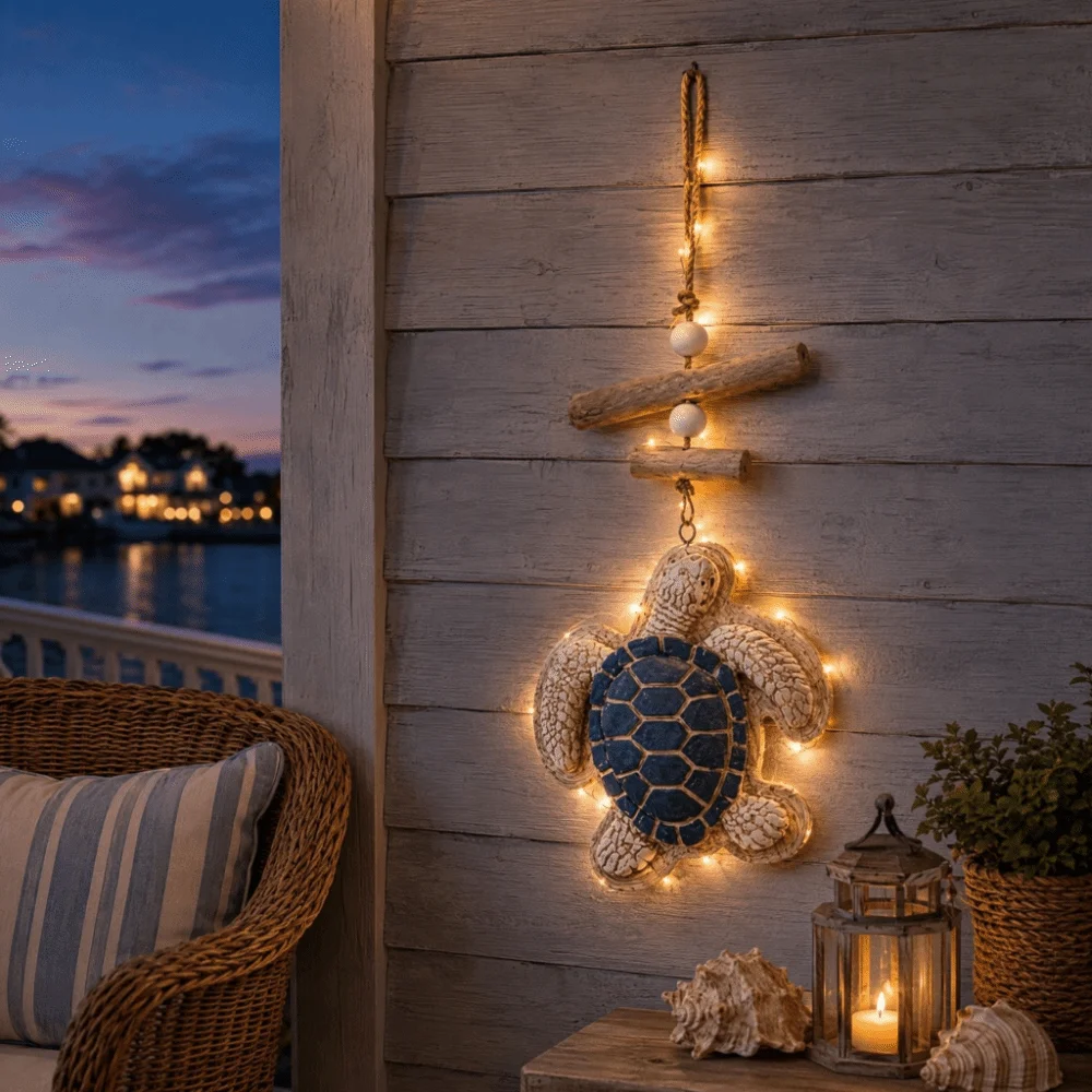 Wooden Resin Sea Turtle Hanging Decor Vintage Lighted Coastal Wall Ornament Rustic Driftwood Wooden Turtle Pendant Living Room