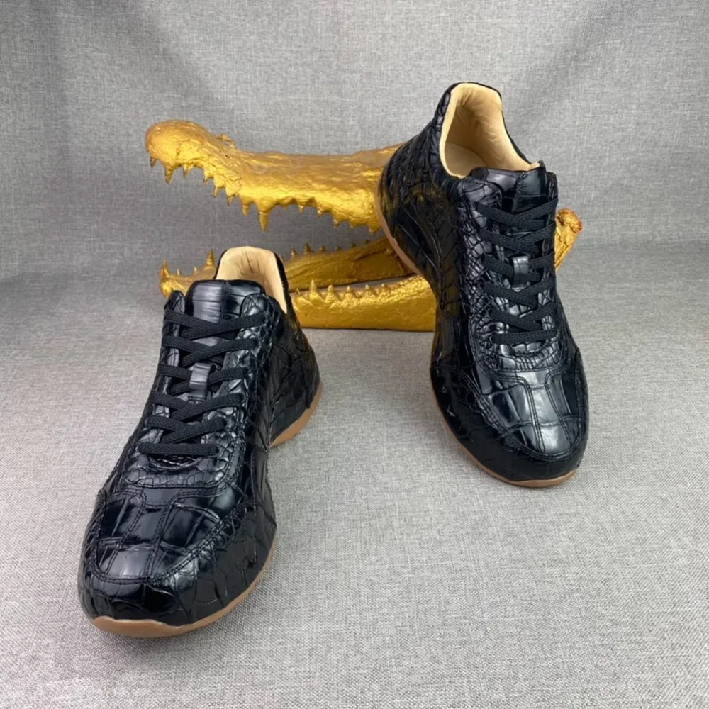 2026 new fashion authentic crocodile leather men's casual shoes real crocodile leather men's thick-soled sneakers lace-up shoes