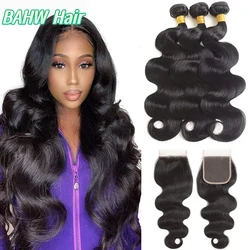 Brazilian Body Wave 3Pcs Bundles with 4x4 Lace Closure Virgin Human Hair Lace Closure With Hair Bundles Weave Natural Black