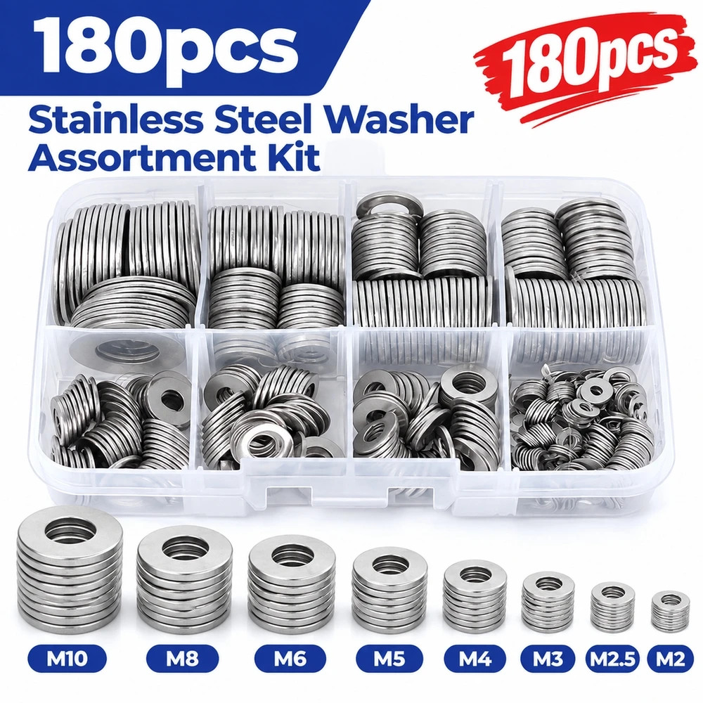 Durable 304 SS Flat Washer Set 180 Pcs M2-M10 Polished Finish High Strength Metal Parts for Workshop Organization