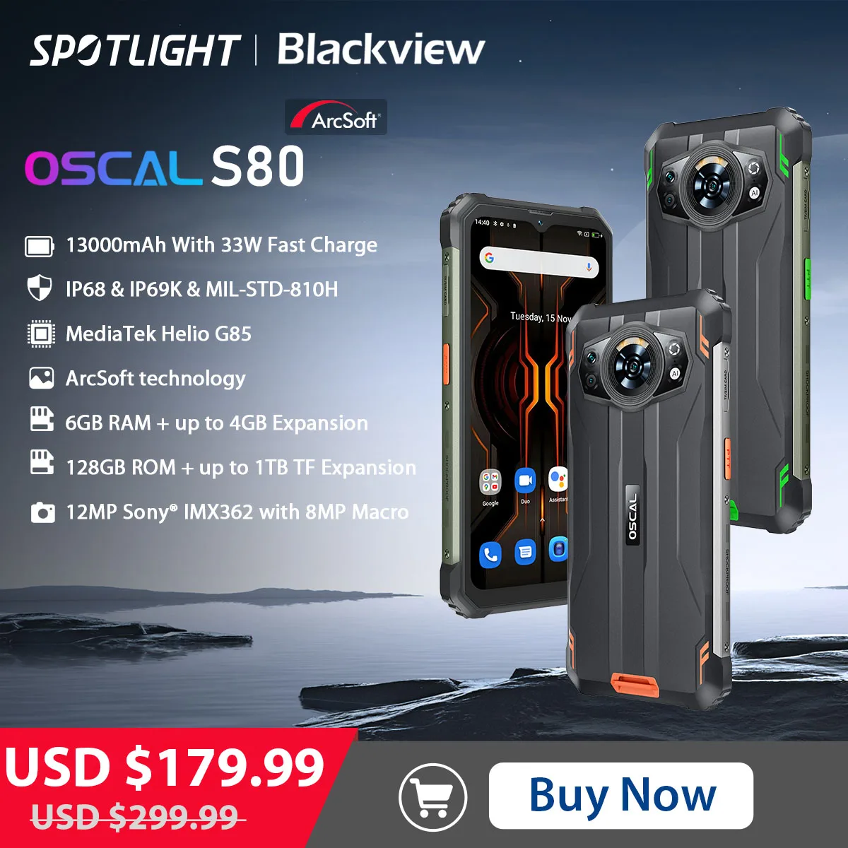 

Blackview Oscal S80 Rugged Phone 13000mAh Waterproof Smartphone 6GB 128GB Mobile Phone Andriod 12, NFC CellPhone, Helio G85