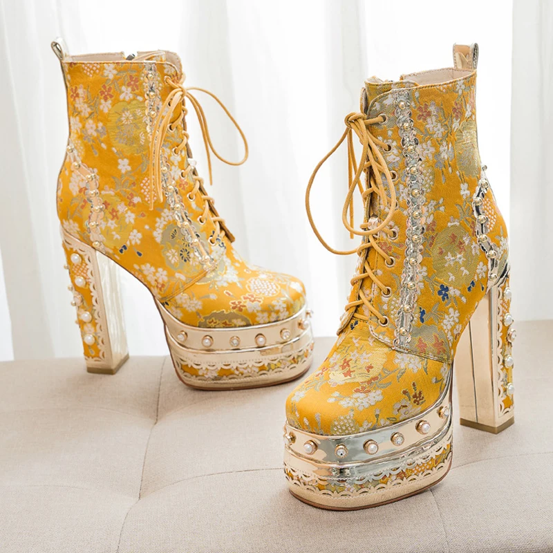 Luxury High Pearl Studs Platform Floral Embroidery Silk Ankle Boots Beads Crystal Jeweled Jacquard Chunky Heel Lace -up Boots