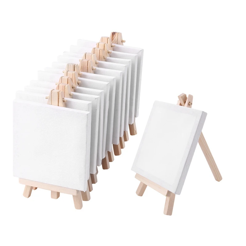 4 By 4 Inch Mini Canvas And 8 X 16Cm Mini Wood Easel Set For Painting Drawing School Student Artist Supplies, 48 Pack