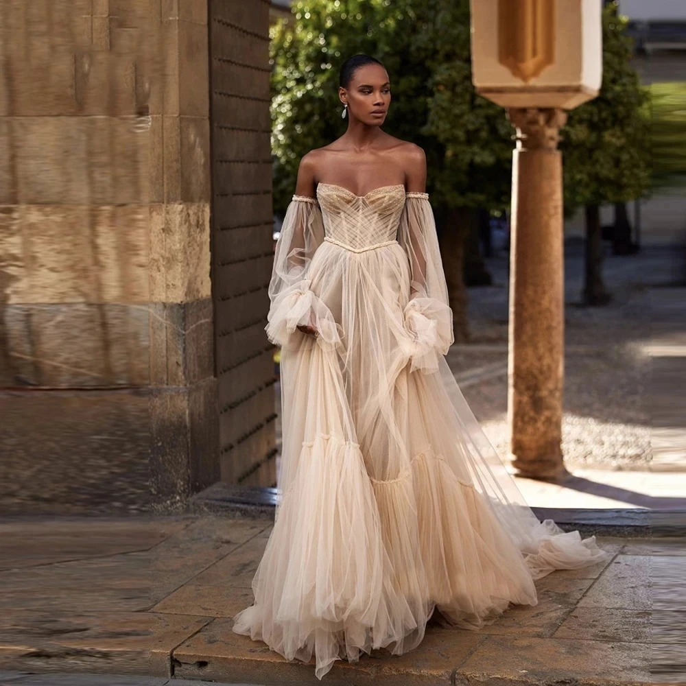 Robe de Mariée en Tulle à Manches Bouffantes, Tenue de Mariage Boho, avec Perles Champagne, Voltage Icide, pour Patients de Plage, Corset Long et Luxueux