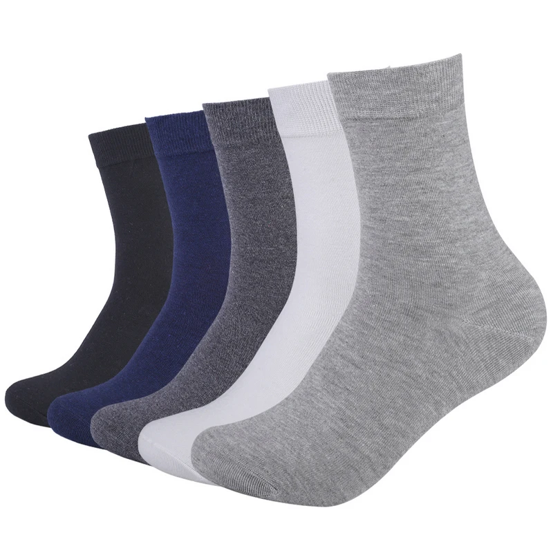 5 Pairs/Lot Men Business Socks Middle Tube Solid Color Black White Gray Breathable Casual Cotton Male Crew Socks Soft Calcetines