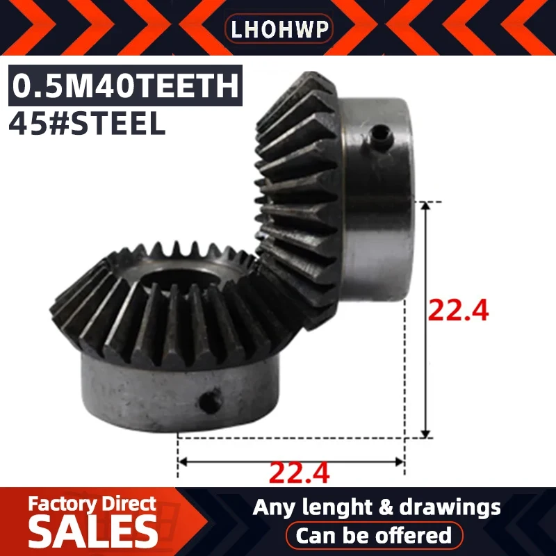 

Bevel Gear 2pcs 0.5M 40Teeth Inner Hole 6 mm Gear 45# Steel 90 Degrees Meshing Angle Steel Gears Screw Hole M5