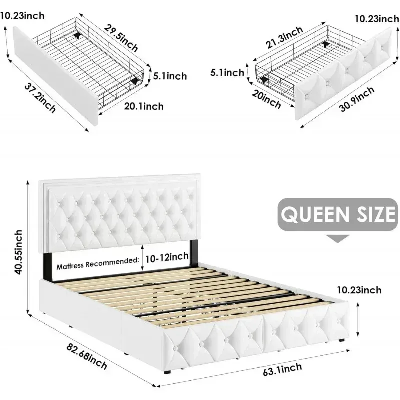 QAZ8-Keuv إطار سرير LED منجد مع 4 أدراج. سرير تخزين بمنصة من جلد البولي يوريثان مع لوح رأسي معنقدة بزر قابل للتعديل #2