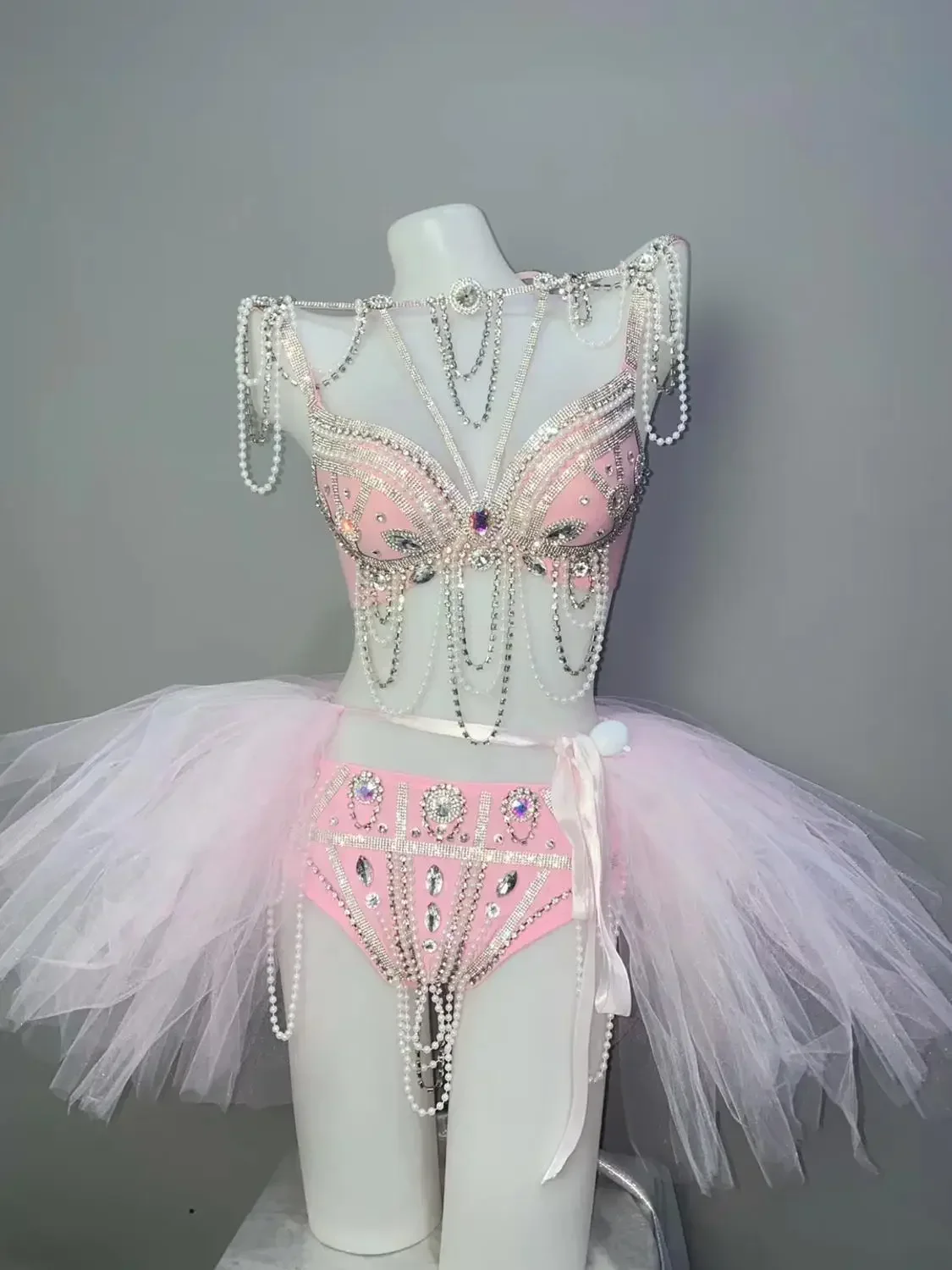 Ensemble de Bikini avec Perles Roses et Strass pour Femme, Tenue Sexy de Spectacle, DJ, Pole Dance, Cadeau