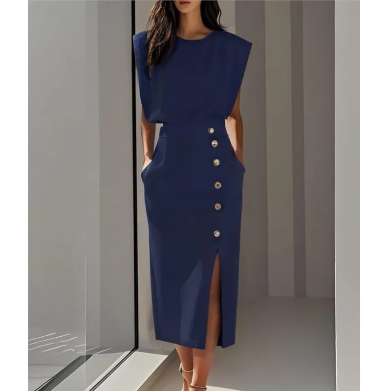 Temperament Ladies Elegant Dress 2025 Summer O-neck Sleeveless Buttons Splic High Split Long Dresses Women New Office Clothes