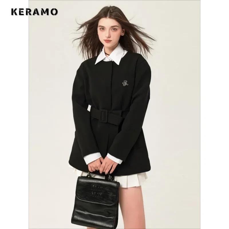 Women Vintage Office Lady Round Neck Long Sleeve Black Blazers 2024 Winter Casual Retro Belted Design Solid Color Tailored Coat