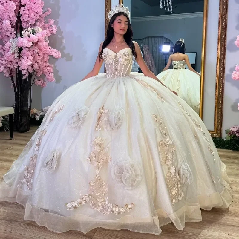 Champagne Illusion Quinceanera Dresses Shinning Strapless Flower Tull Ball Gown Girls Sweet Vestido De Princesas Customized