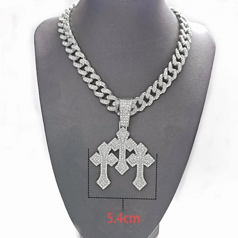 ใหม่ Iced Out ซ้อน Crosses จี้สร้อยคอผู้ชาย 13mm Cuban Chain Hip Hop Cross Rhinestone เครื่องประดับจี้ของขวัญ