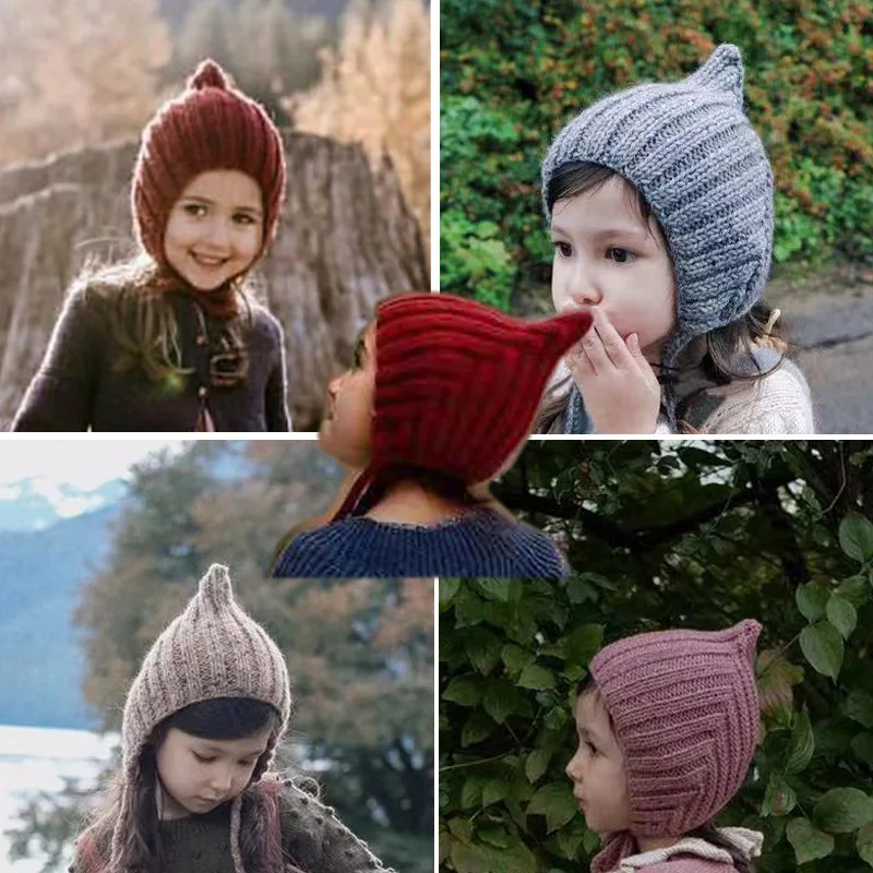 High-end 100% Wool Winter Baby Beanie Cap Ears Protection Knitted Hat for Toddler Boys Girls Cute Warm Kids Crochet Hats Gorros